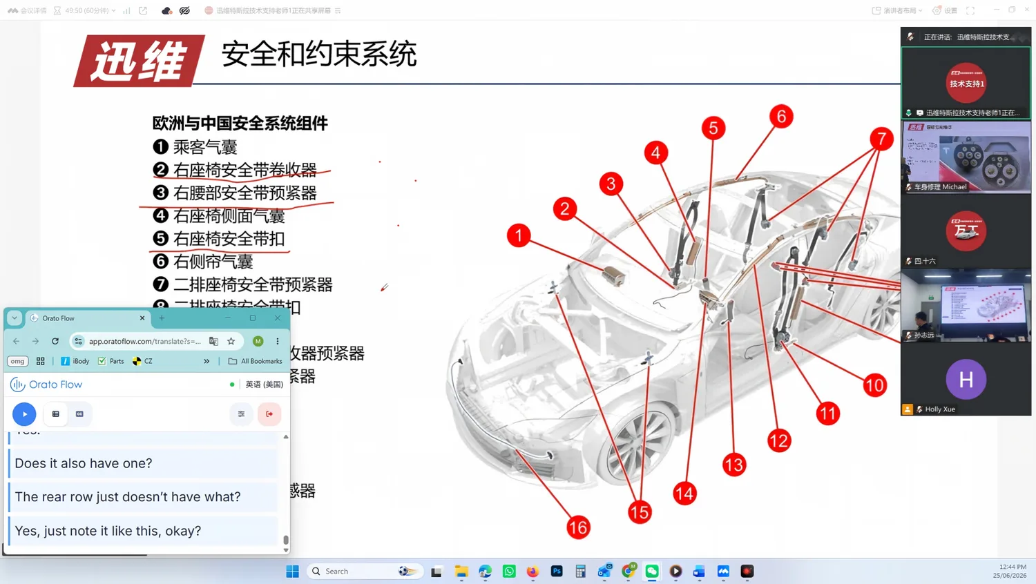 The trainer’s slide mapping the 16 components of the Tesla safety- and restraint-system, with Orato Flow’s live English translation in the window below.